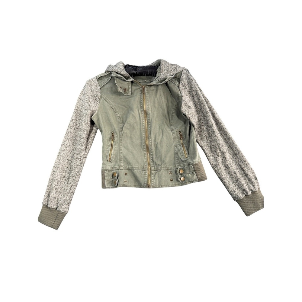 Rue21 Women's M Olive Green Mixed Media Moto Jacket Knit Sleeves Hood Y2K